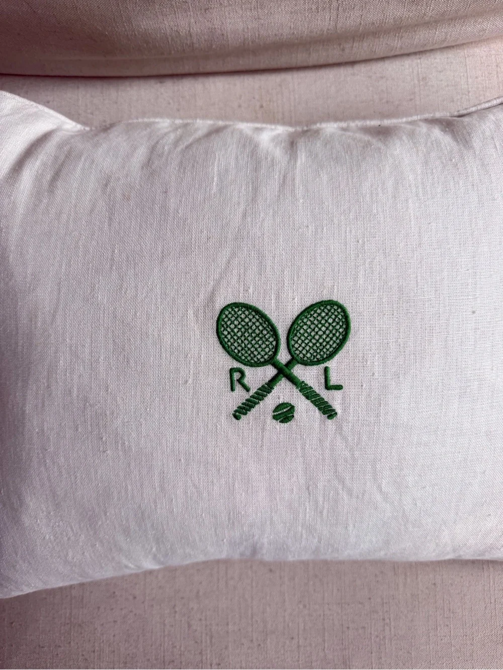 Ralph Lauren White Pillow with Green Tennis Racket Embroidery